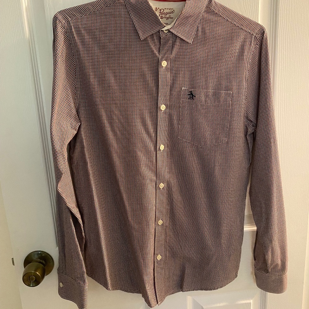 Original Penguin Men's L/S Button Down, Size S, Red/Navy Plaid